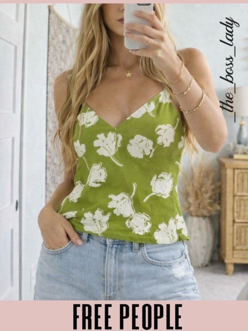 Free People top floral cotton linen blend v-neck printed cami stretchy Large